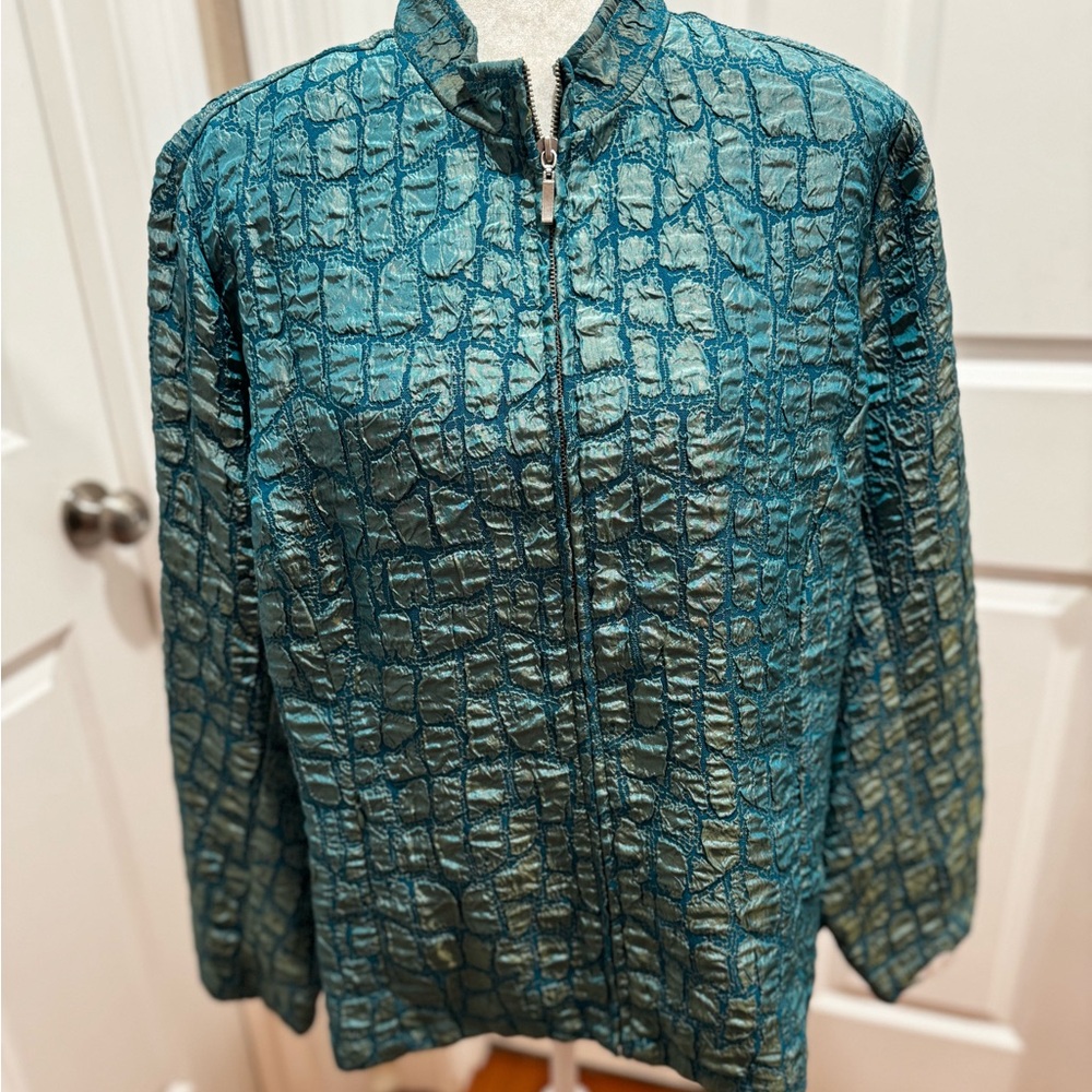 Erin London Blue Green Crocodile Textured Jacquard Zip Front Jacket 1X Bold‎